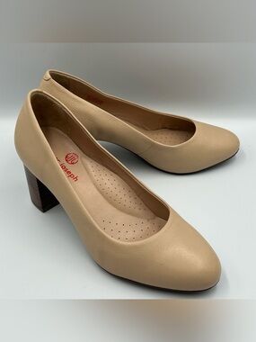 MARC JOSEPH Midtown Pumps Womens 6 Beige Leather Chunky Block Heel Dress Shoes